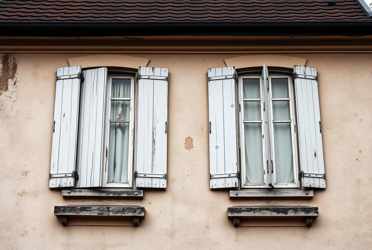 Façade équipée d'anciens volets abîmés